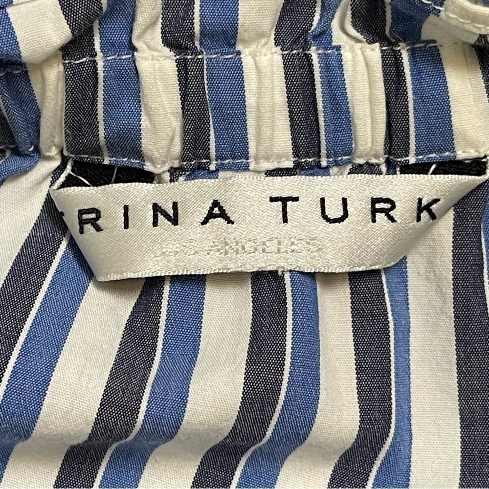 Trina Turk Off Shoulder Blue White Striped Pom Pom Blouse Top Size Small - Picture 12 of 13